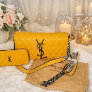 Yellow Quilted Crossbody Bag with Chain Strap Bag